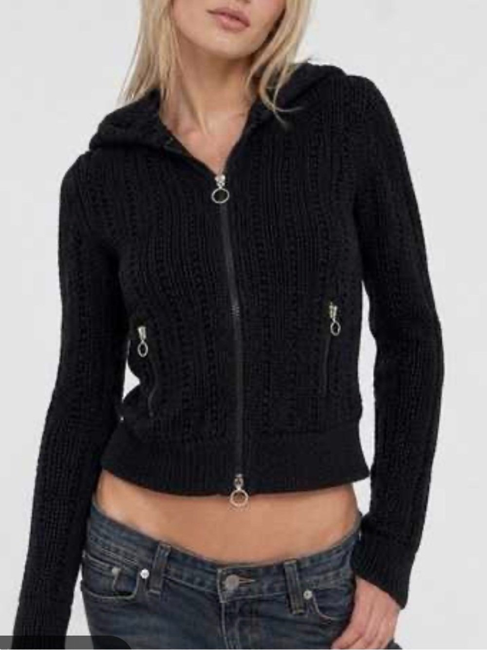 Marc Jacobs Black Wool Cotton Blend Zip Hoodie Cardigan chunky knit Size S